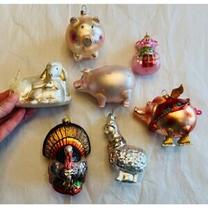 Lot of 7 Vintage Pig Sheep Turkey Farm Blown Glass Ornaments